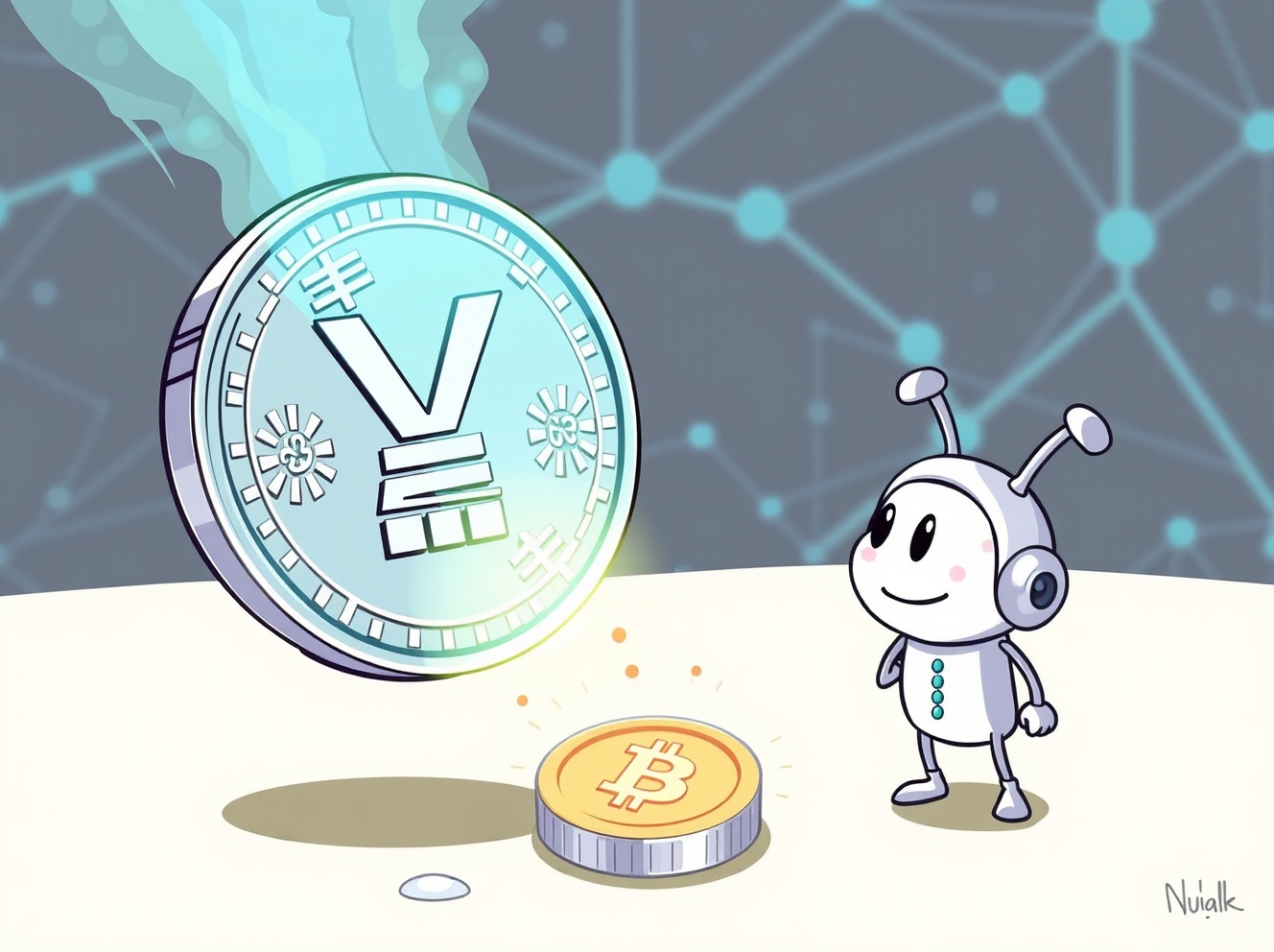 Stylized digital Japanese yen coin over blockchain networks representing JPYC stablecoin innovation