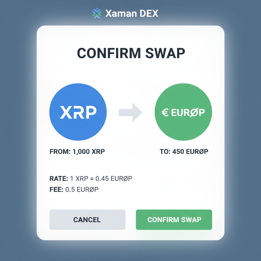 Xaman DEX swap screen XRP to EURØP trade confirmation