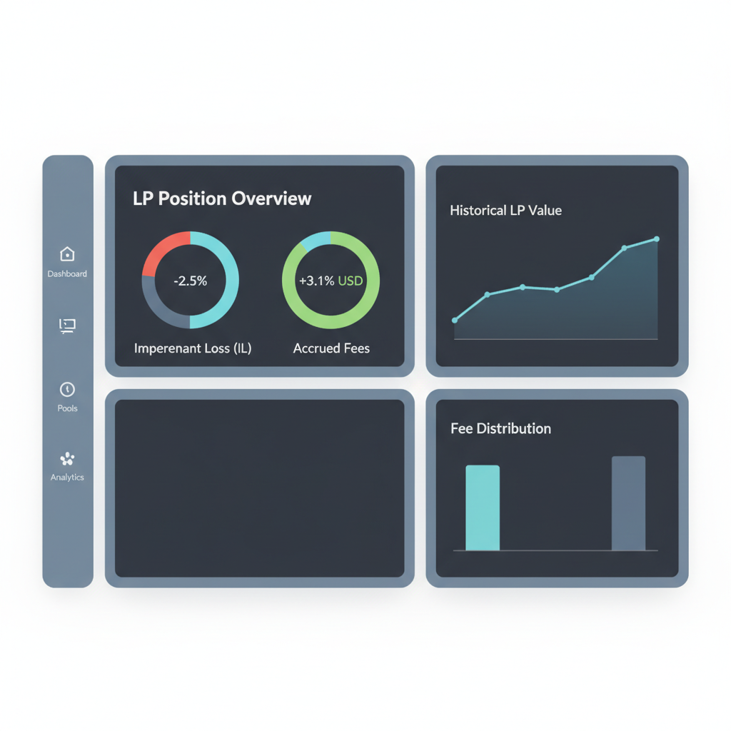 dashboard monitoring LP position with charts for IL and fees