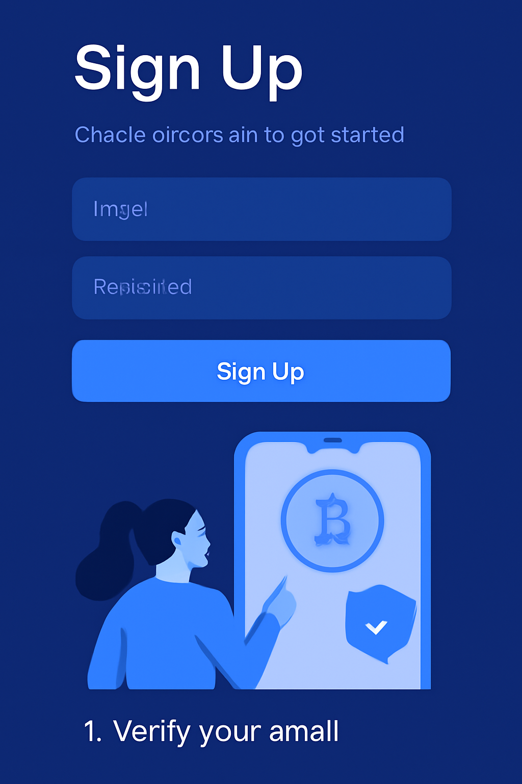 sleek mobile app signup screen for crypto exchange, modern UI, blue tones, secure verification badge