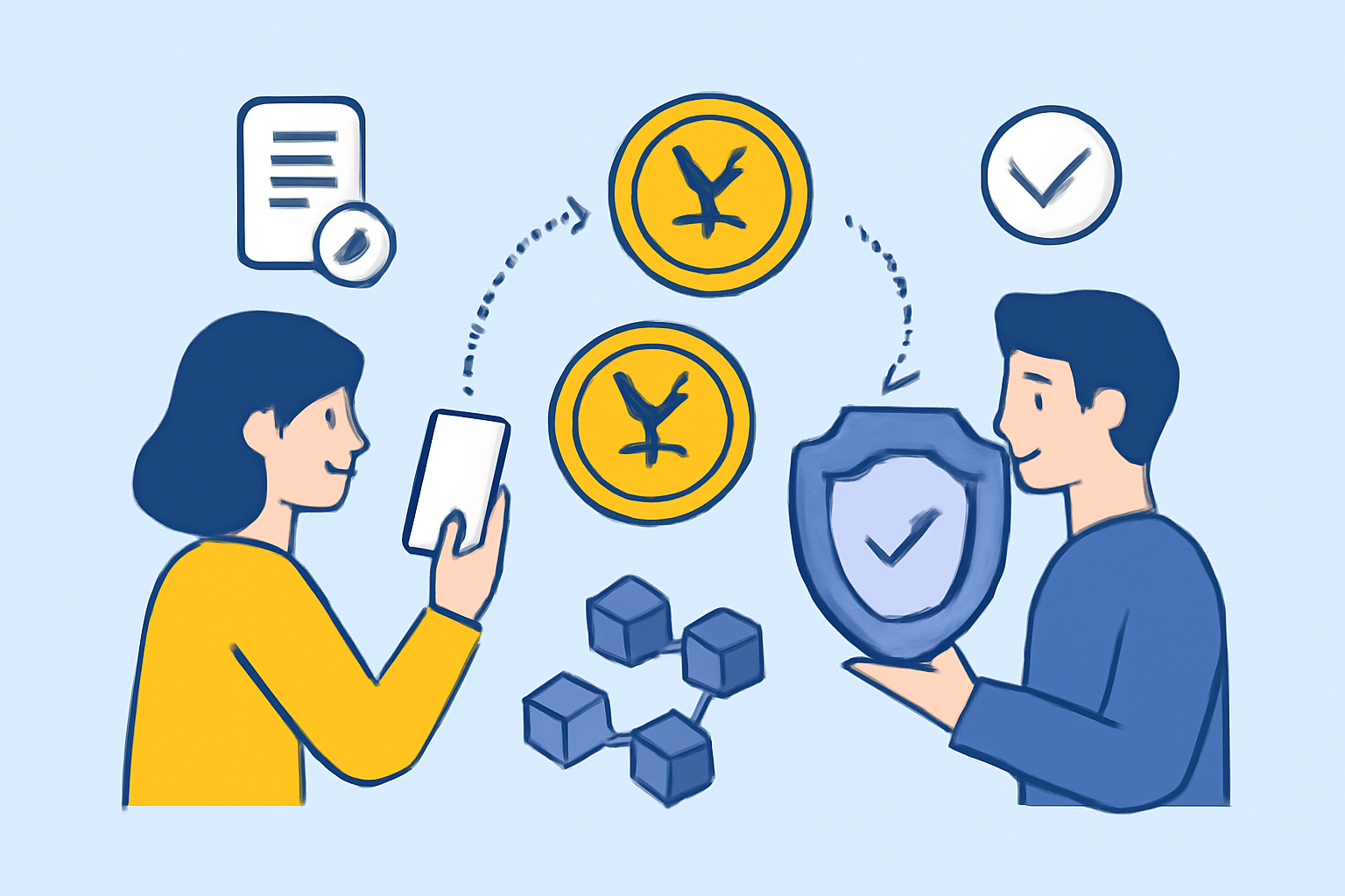 Two smartphone users exchanging yen-stablecoin tokens over a blockchain network, with compliance icons and a regulatory shield overlay.