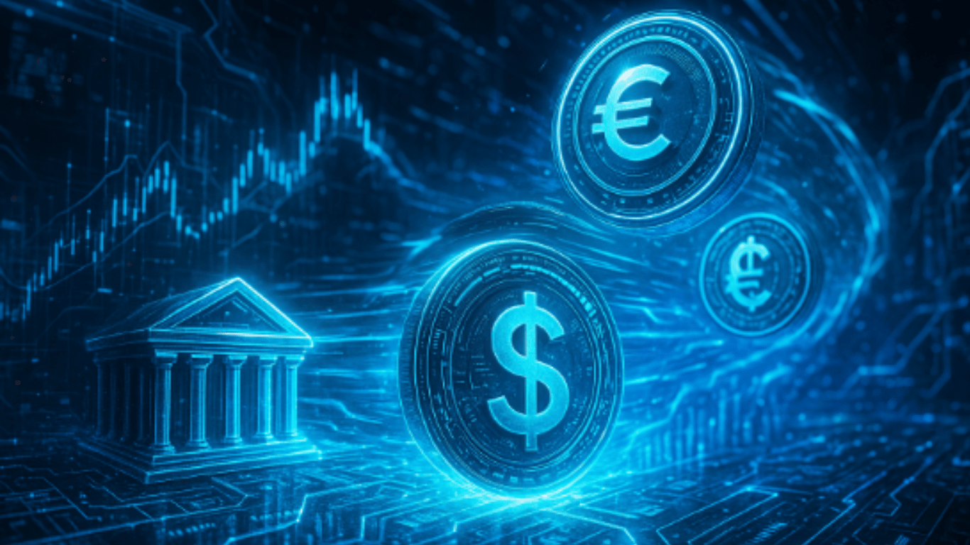 European banks collaborating on a euro-pegged stablecoin project, featuring representatives from major European financial institutions working together with digital euro symbols and blockchain technology visuals.