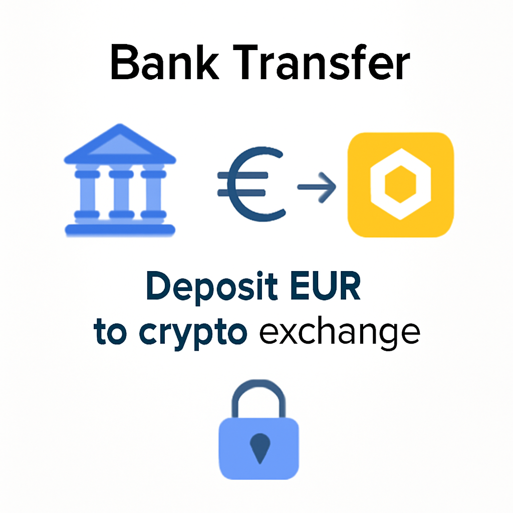 bank transfer screen depositing EUR to crypto exchange, euros symbol, secure padlock, clean interface